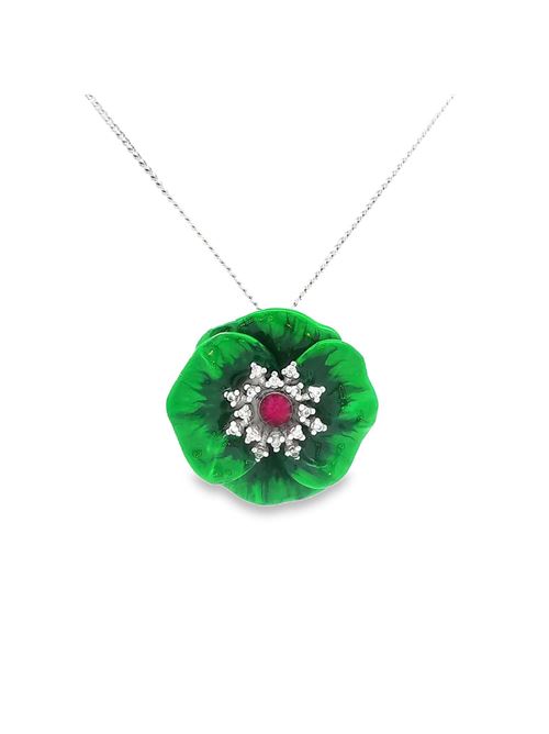 Collana con cristalli e rubini, smalto verde, a forma di fiore. GOCCIAZZURRA JEWELS | CLBLOSSOMRODIOVERDE